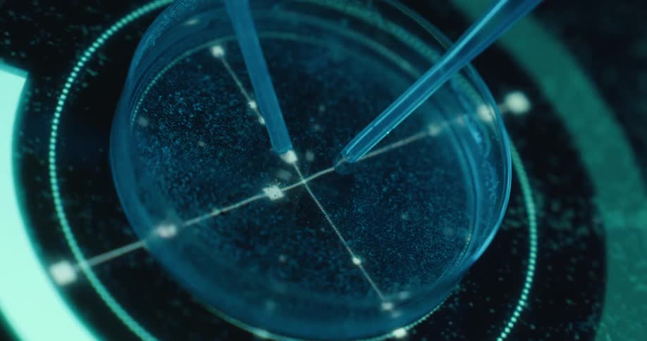 Two pipettes hover above a petri dish illuminated by a grid of glowing lines and points in a lablike setting