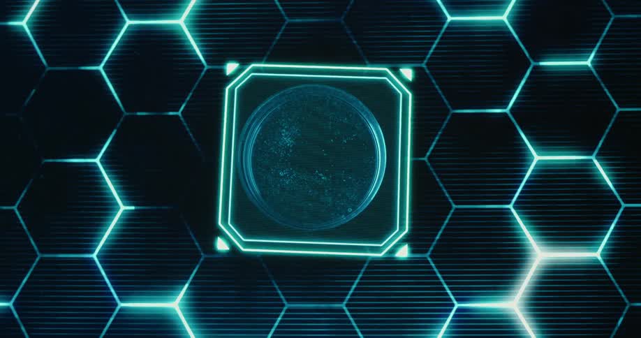 Hand with blue glove holds a petri dish over a geometric symbol illuminated in blue on a dark background