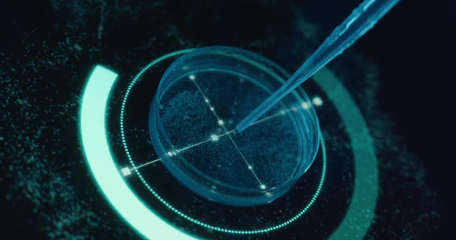 Close up of a liquid sample dropped with a pipette into a petri dish placed on a futuristic screen for analysis