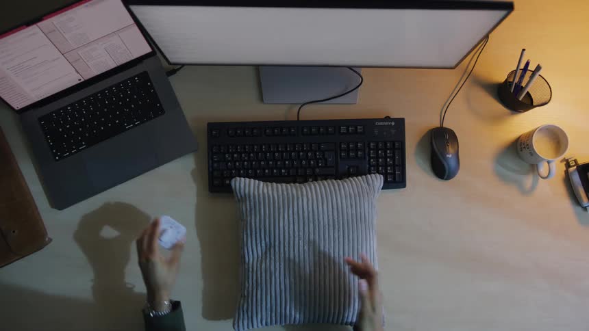 Woman has fallen asleep at her desk in front of a computer and laptop