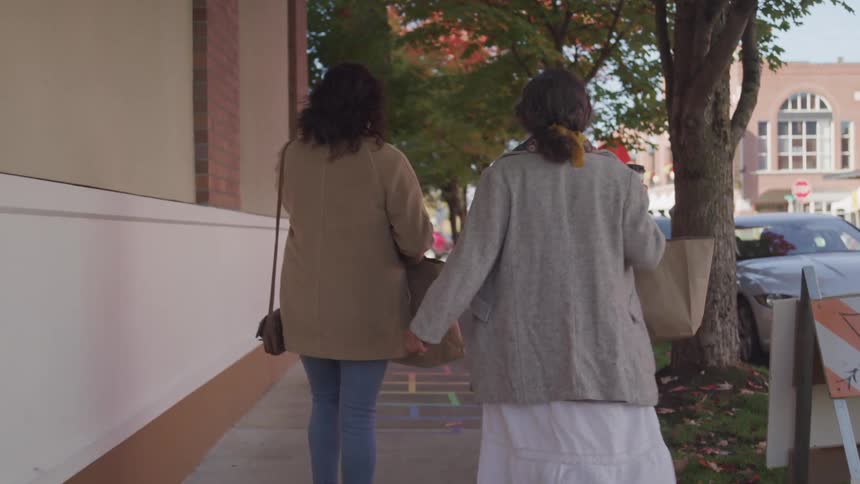 Back of two ladies walking on the city sidewalk at daytime with bags in their hands