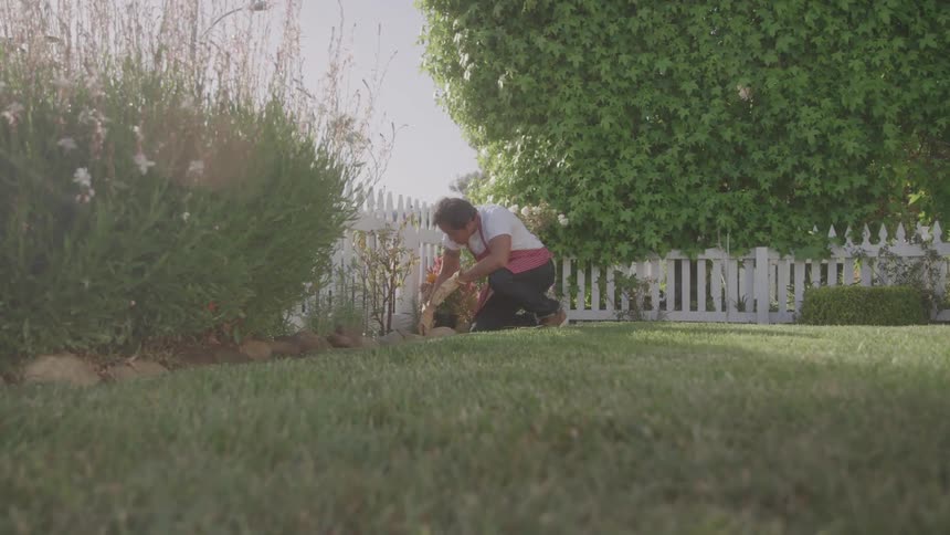 Man digs soil in the yard at daytime