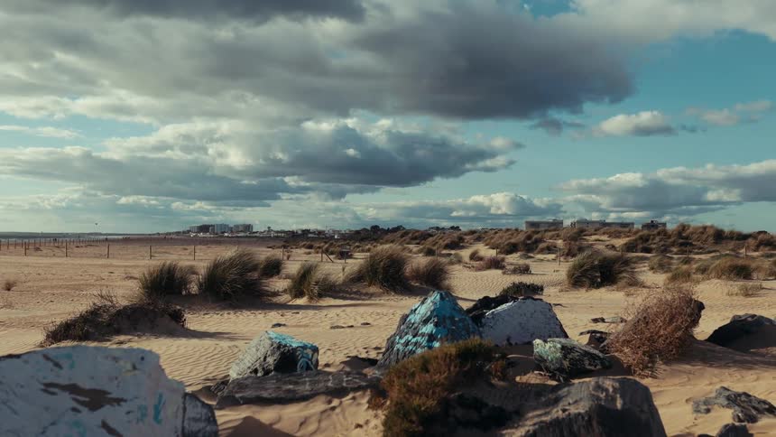 A wide scenic view shows a sandy beach with graffiti covered rocks and grassy dunes under a dramatic cloudy sky with a city skyline in the distance