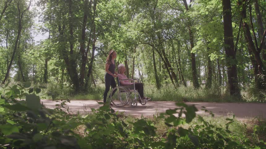 Young woman pushes an elderly woman in a wheelchair across a road in the middle of a woodland during daytime