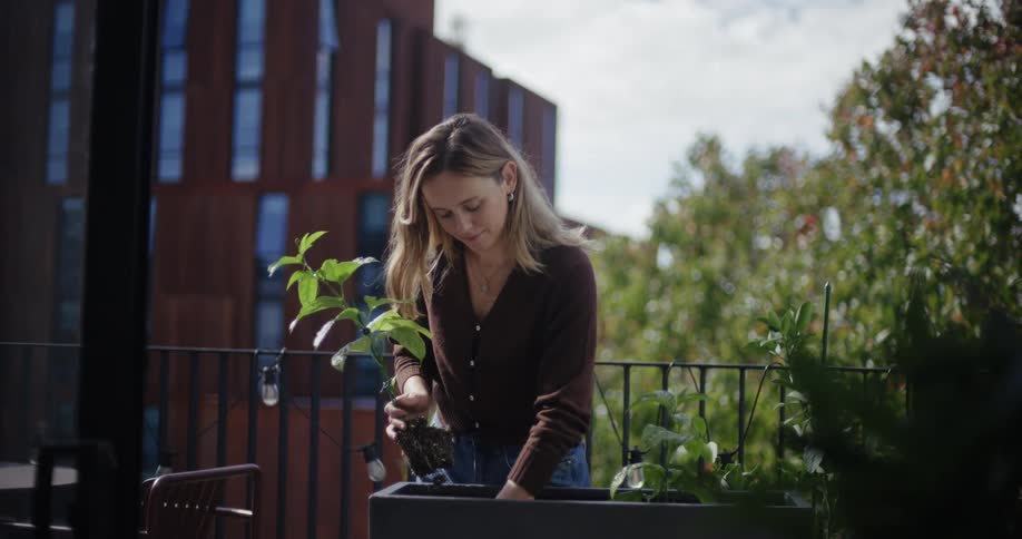 The woman puts a plant in the soil