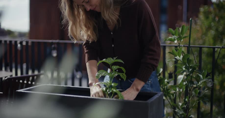 A woman on her home balcony planting a plant with her hands