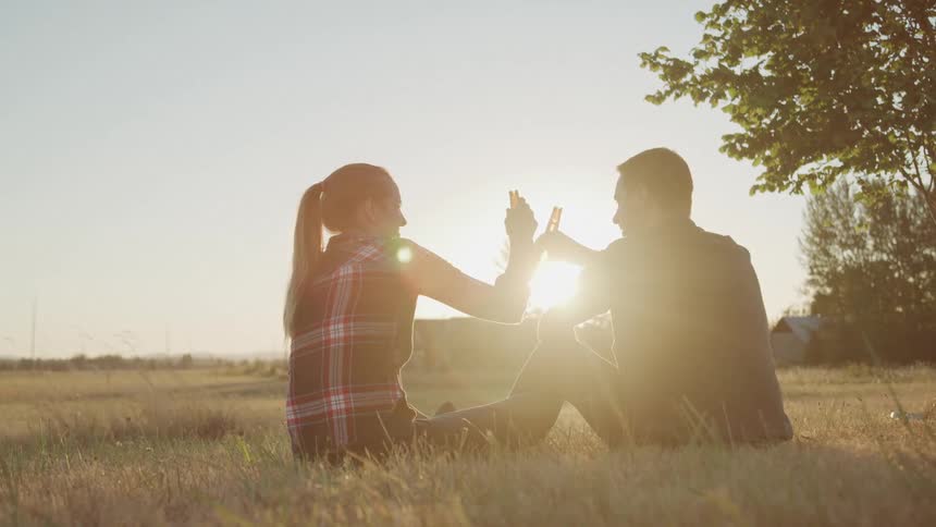 Two people sit in a grassy field clinking bottles together as the sun sets behind them