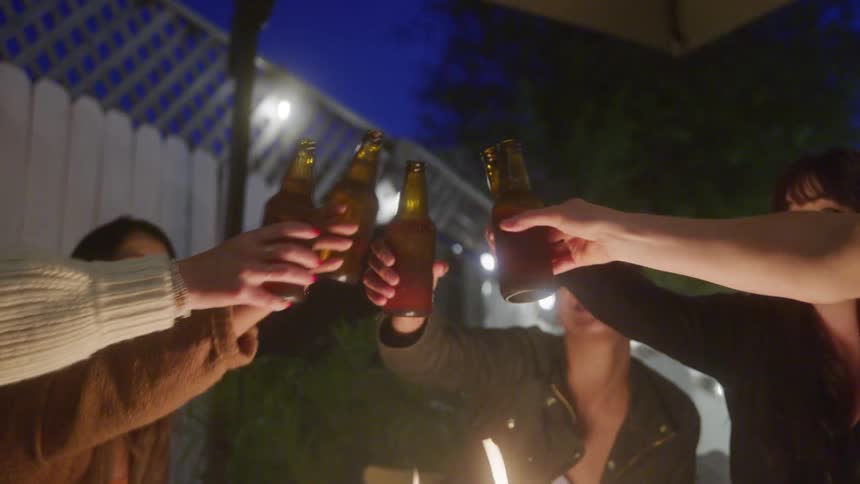 A group of women sits around a campfire outdoors at night cheering with bottles of beer and having a fun time