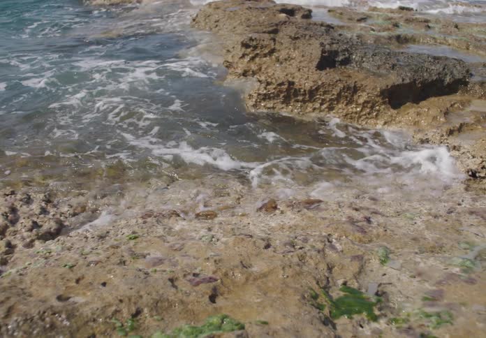 Waves wash up against the rocks