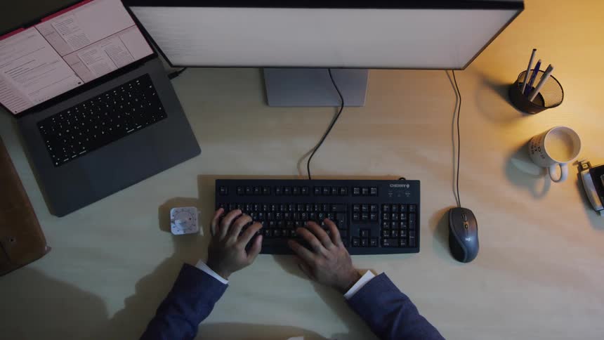 A person types on a keyboard at a desk with a monitor laptop and office supplies