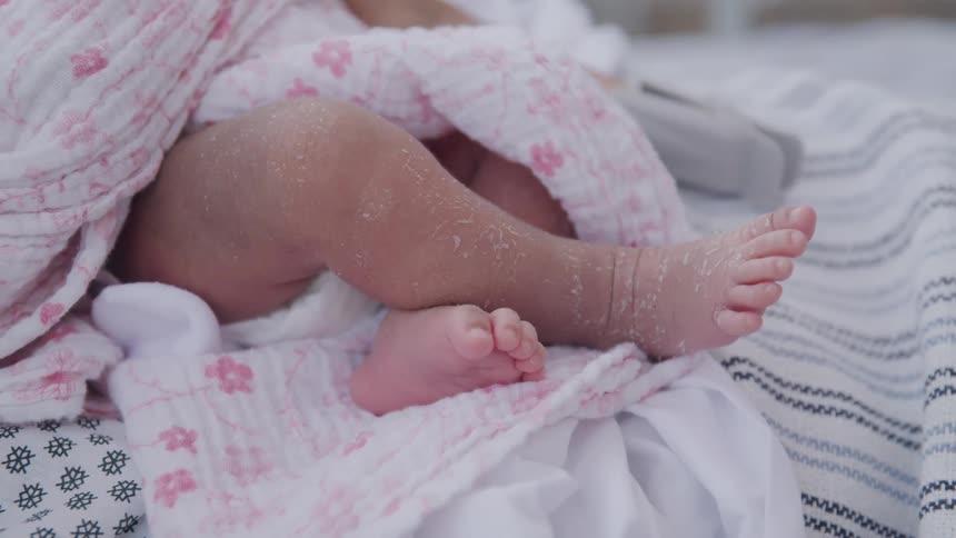 A closeup shows a newborn babys peeling feet wrapped in a soft pink blanket