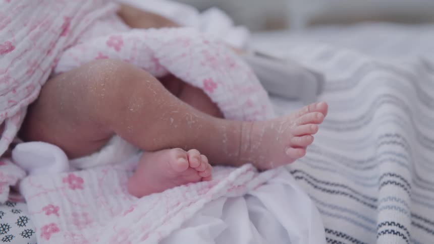 The baby is sitting on the hospital bed