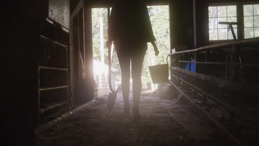 Silhouette of a person walking inside a ranch with a shovel and a bucket