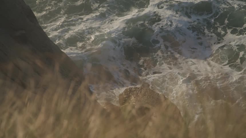 Waves with white foam crash against a rock formation seen from above with tall light brown grass in the foreground