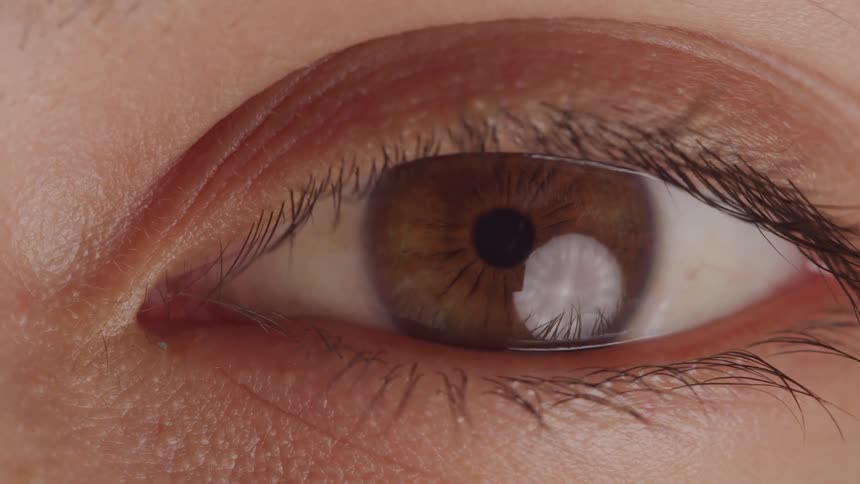 A human eye with brown irises blinks as light reflects off the eyeballs