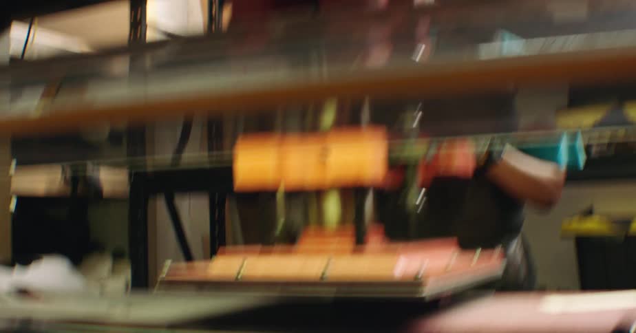 Man in apron working on a manual press machine with fabrics