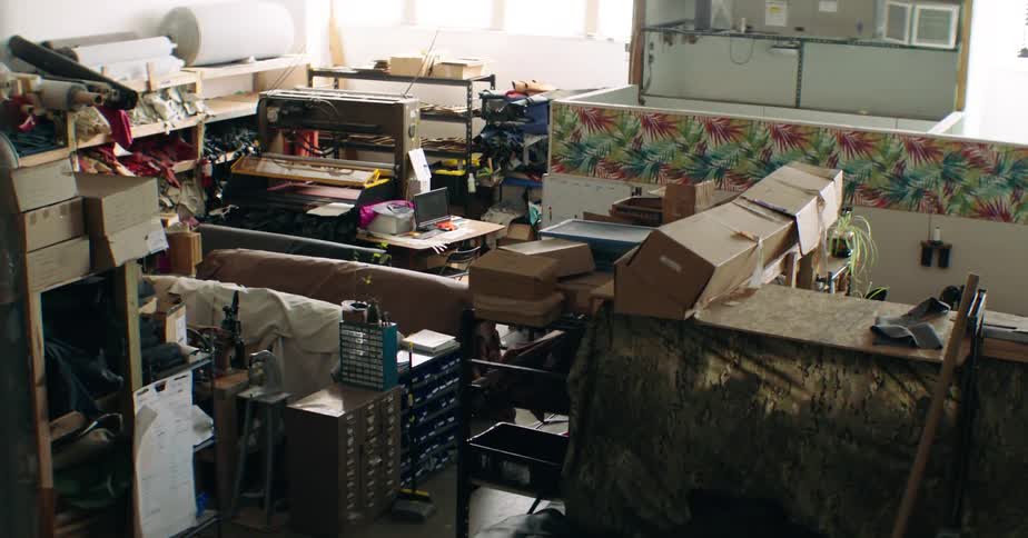 A cluttered workshop filled by fabric rolls cardboard boxes and assorted tools