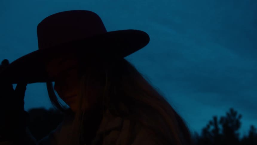 A woman in a widebrimmed hat stands at twilight beneath silhouetted trees with a dusky blue and orange sky behind her