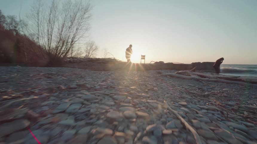 Silhouette of two people on a beach at dawn