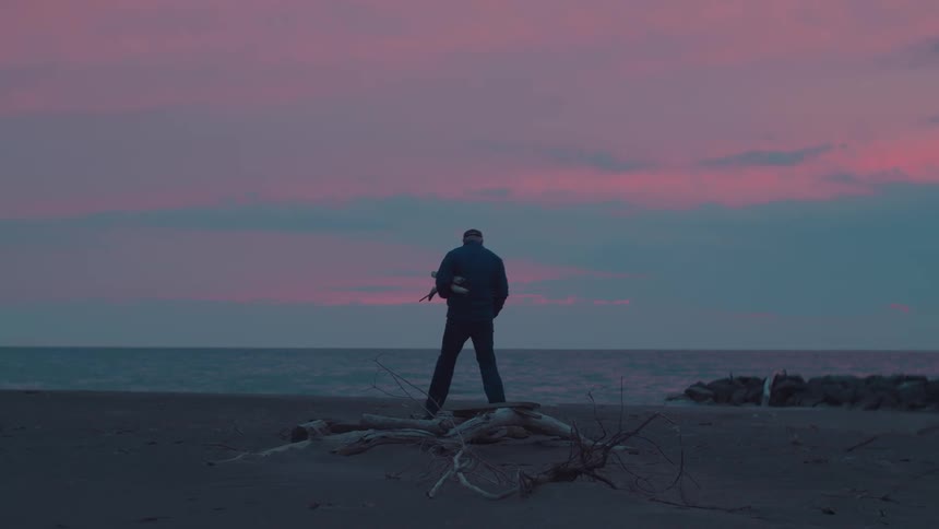 A man is gathering driftwood on a beach