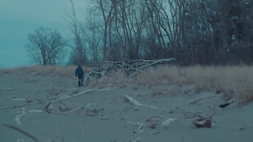 Man on a desert beach interacting with a fallen tree trunk
