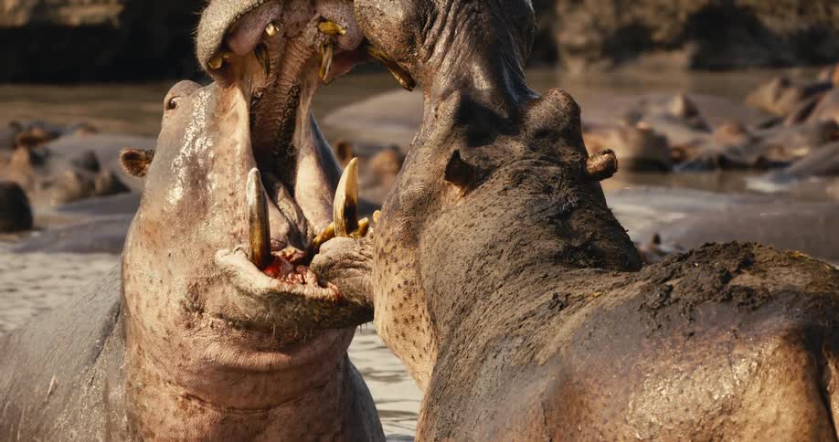Hippos in a muddy river fighting