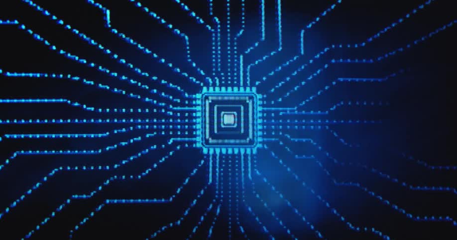 A digital screen displays a pattern of blue lines flowing into a chip turning the entire screen blue as the data is being processed transmitted or received symbolizing computing power and online network systems