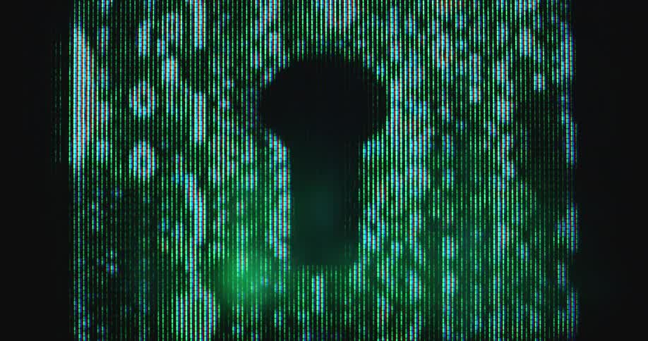 Digital green Matrix style digits 0 or zero and 1 or one appear on a black computer screen with visible RGB pixels creating a keyhole as a symbol for online security and safety through anti-virus protection of online devices