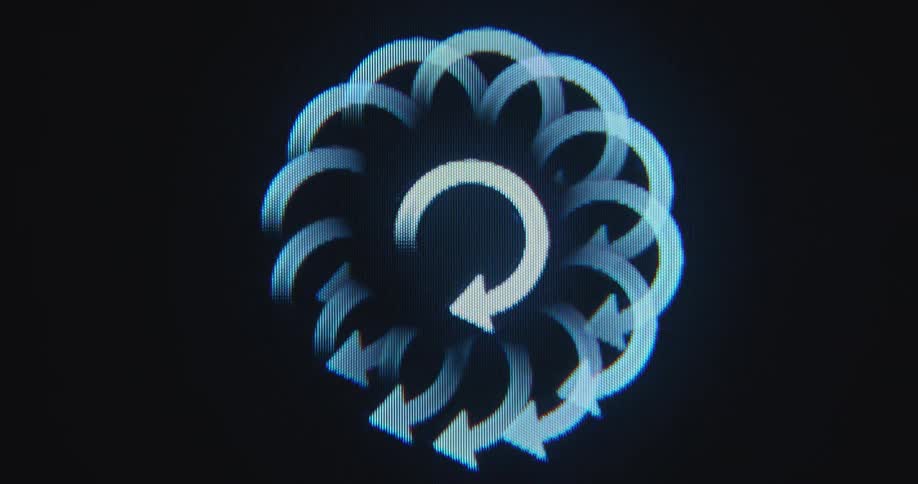 2D animation motion graphic of a black and white loading arrow spinning in a circle while the outdated computer program is processing data or information at a very slow speed while waiting for the operating system or UI to start