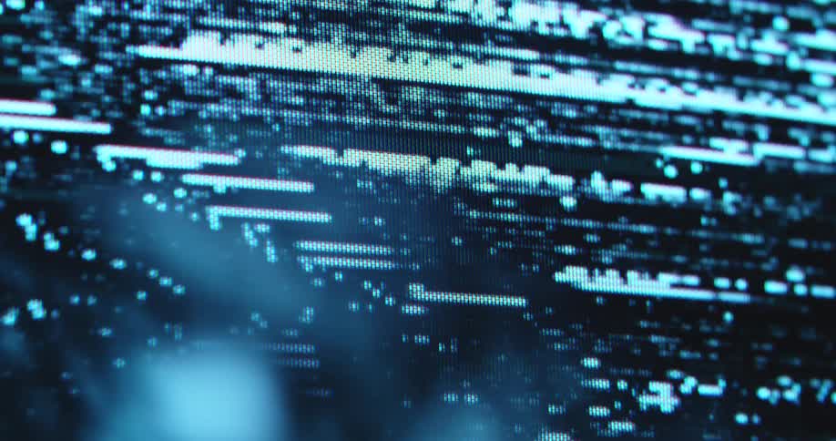 The pixelated RGB tube tv screen is full of an abstract black and white animation of static noise moving down as the glitch animation is a symbol for signal loss and having no reception or internet connection on an old technical device