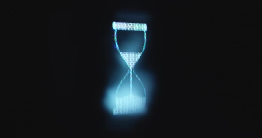 Vintage 1990 computer screen displaying retro hourglass icon or symbol animation spinning as the time passes while waiting for the search algorithm or AI to load the results of a slow program or internet process