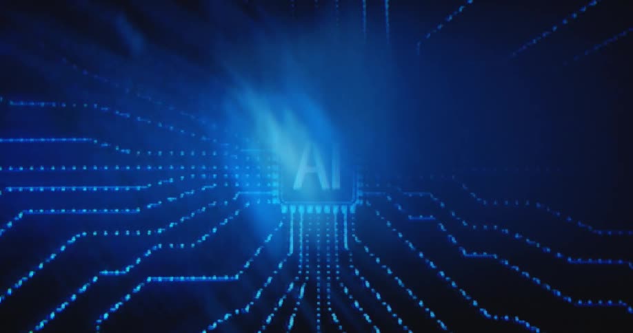 Flashing lightning lights and blinking data flowing from the databank or base through the lines and cables toward a computer chip processor with an artificial intelligence symbol processing information and generating search results