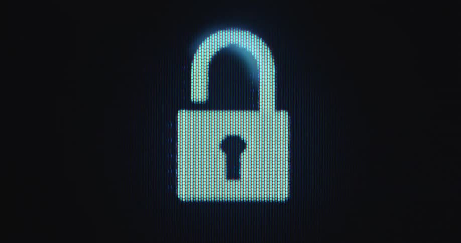 Black and white padlock or lock icon animation opening and closing as symbol for access granted or denied to protect data or files from exploit by a hacker or cyber attack through reliable online protection and data security
