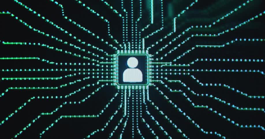 Social media animation showing a person or user icon gathering information on the platform as data flows towards the computer chip while interacting with other people through online communication via the internet