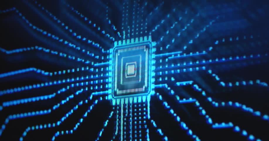 A glowing blue microchip is depicted with digital circuit lines extending outward providing connection to other parts of the computer hardware or online servers connected via internet in a virtual reality or digital world