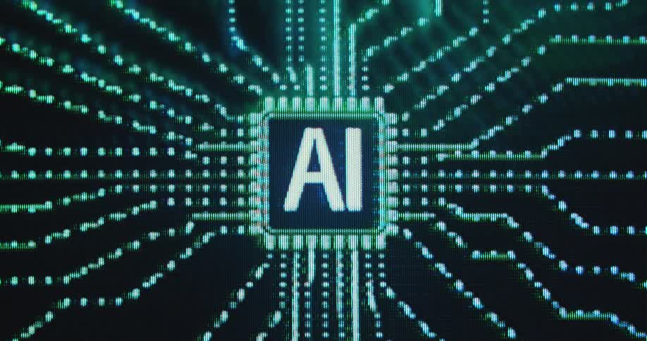 Abstract digital sign with artificial intelligence symbol on a square shaped computer chip and data lines with green flowing light dots displayed on pixelated tube TV
