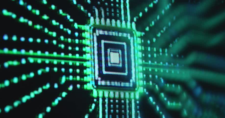 Dramatic macro shot of a pixel screen displaying a flow of data or information toward an animated computer microchip icon running a program or software while downloading uploading or streaming online with high speed via internet