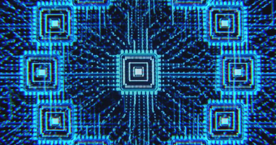 Many computer chips or servers worldwide are connected via internet or a network exchanging sending transmitting and receiving data streams as symbol for cloud storage or computing power displayed on a PC screen