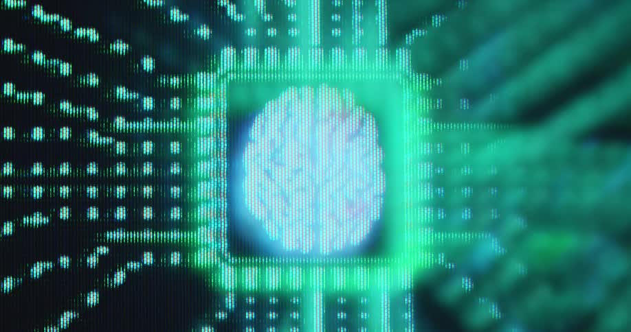 Neon green light dots symbolize streaming data flowing to a human brain on a computer chip connected with lines and diodes as visualization of an Artificial Intelligence or a humanoid mastermind brainstorming