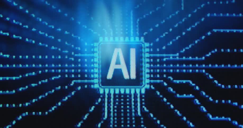 Artificial intelligence icon in the center of a symmetrical computing hardware printed circuit board connecting blue data lines in an abstract digital space animation or VR