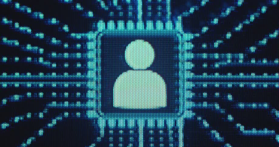 Macro close up of a pixelated smartphone or pc screen displaying a human person or user icon on a processor or computer chip while data or information flows or streams through the lines of the mainboard
