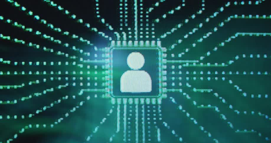 Streams of glowing green light as visualisation of data and information move into the human person or user icon in the center of a computer main board symbolizing the digital internet world and the communication through social media