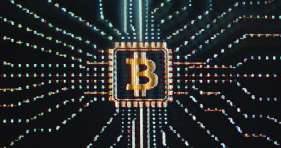 A block of bitcoin is being mined by a server farm while gathering information and solving mathematical problems in order to provide computing power to run the decentralized BTC network and provide transaction validation