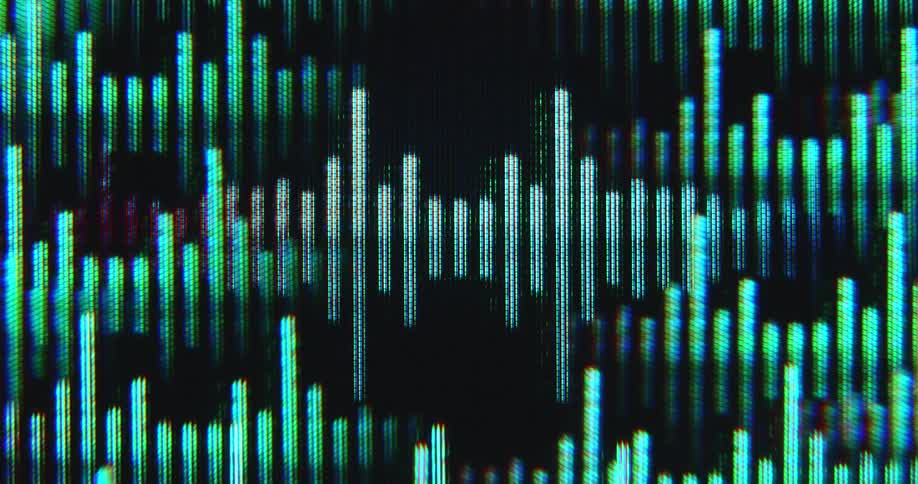 Various synchronized EQ or equalizer animations move and constantly change on a dark computer screen while music or radio is being played as the audio signal or file is being process by a stereo system with loud speakers