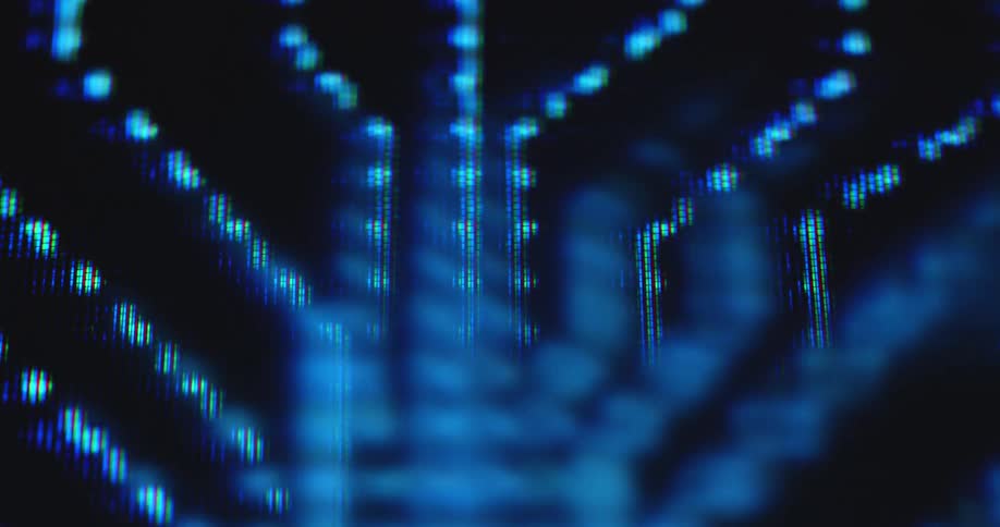 Blue dotted lines symbolizing digital data stream flowing towards a computer chip set while information is being gathered and transmitted as the digital data transfer via internet or online servers is constantly moving