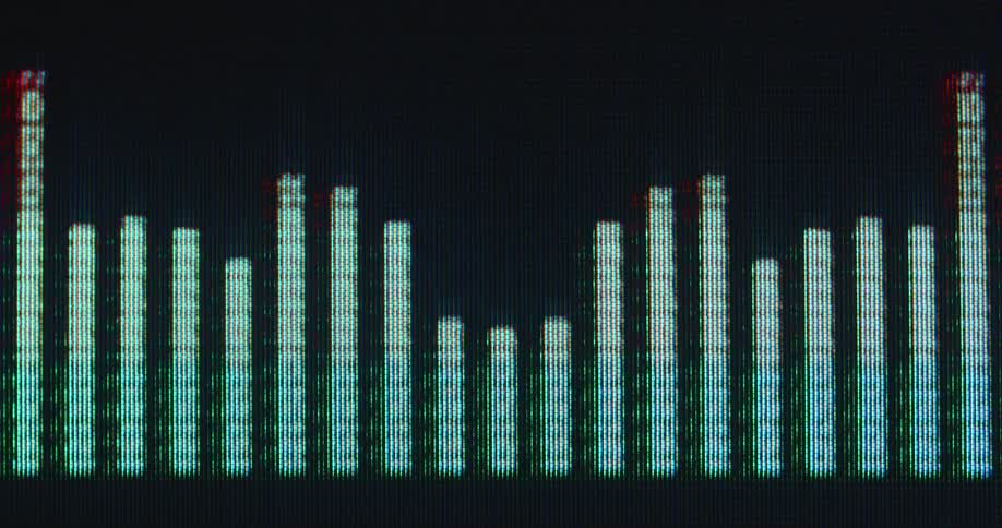 A wave pattern moves with music on A symmetrical bar pattern of an equalizer animation moves with the sound of music on the RGB screen of a vintage tube TV or computer displaying the visualization of an audio file or voice recordingscreen