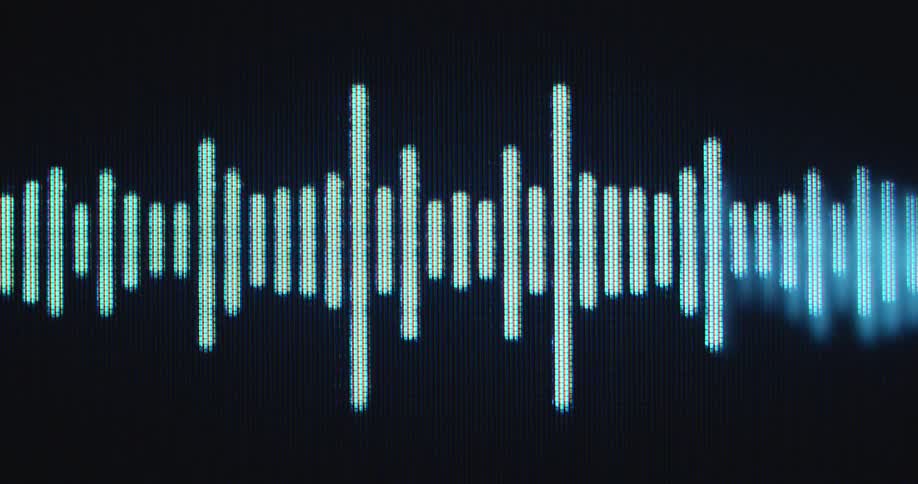 Pixelated computer screen displaying voice recording for an audio book or podcast visualized by an EQ or equalizer animation with white moving bars in front of a black and dark background with a lot of contrast