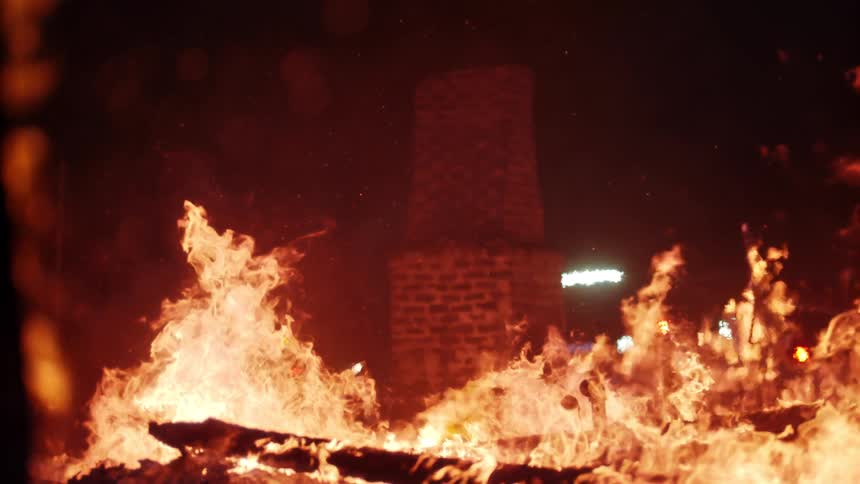 Intense fire in a structure at night