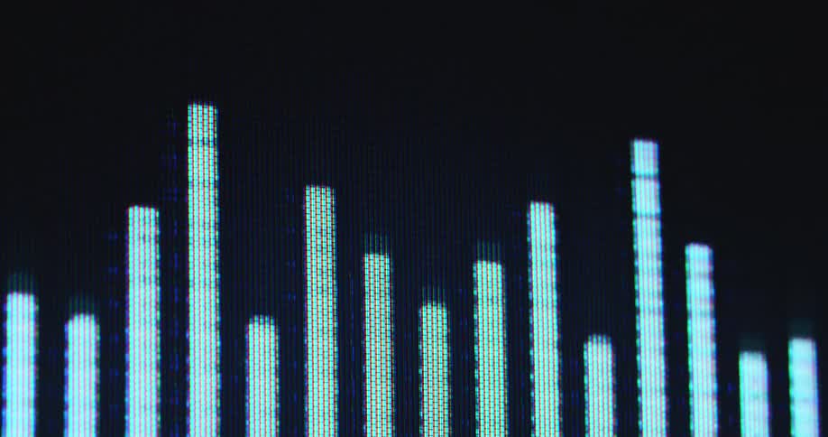 Abstract 2D animation displayed on a vintage computer or television screen showing the audio bars of an EQ or equaliser device of a stereo system or recording equipment in a sound studio while the lines move up and down