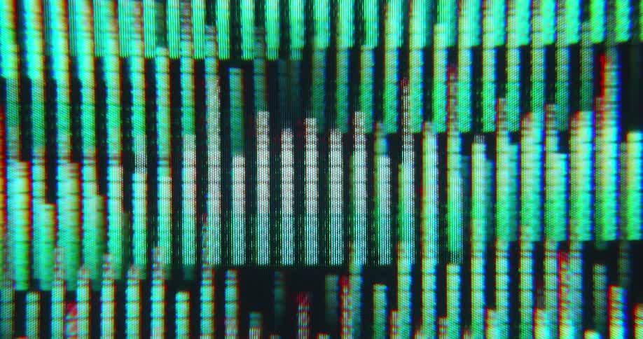 Many or multiple colorful sound bars move across a digital screen creating a visual representation of an audio file or music track while the sound frequencies move as soundwaves with loud volume or decibel